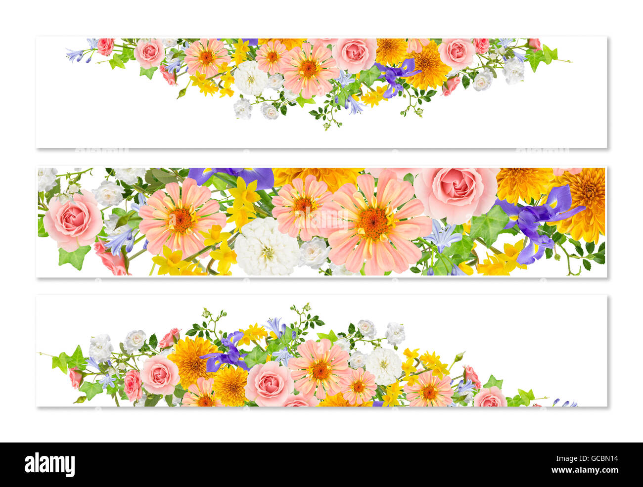 Three flower banners with collage of flowers on white Stock Photo Alamy
