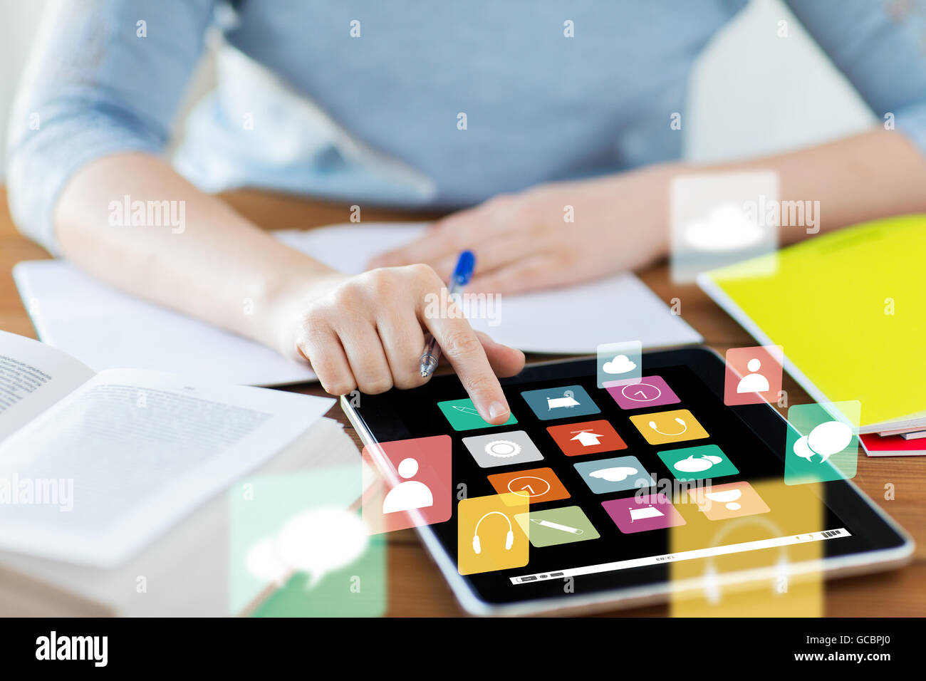 close up of student with menu icons on tablet pc Stock Photo - Alamy