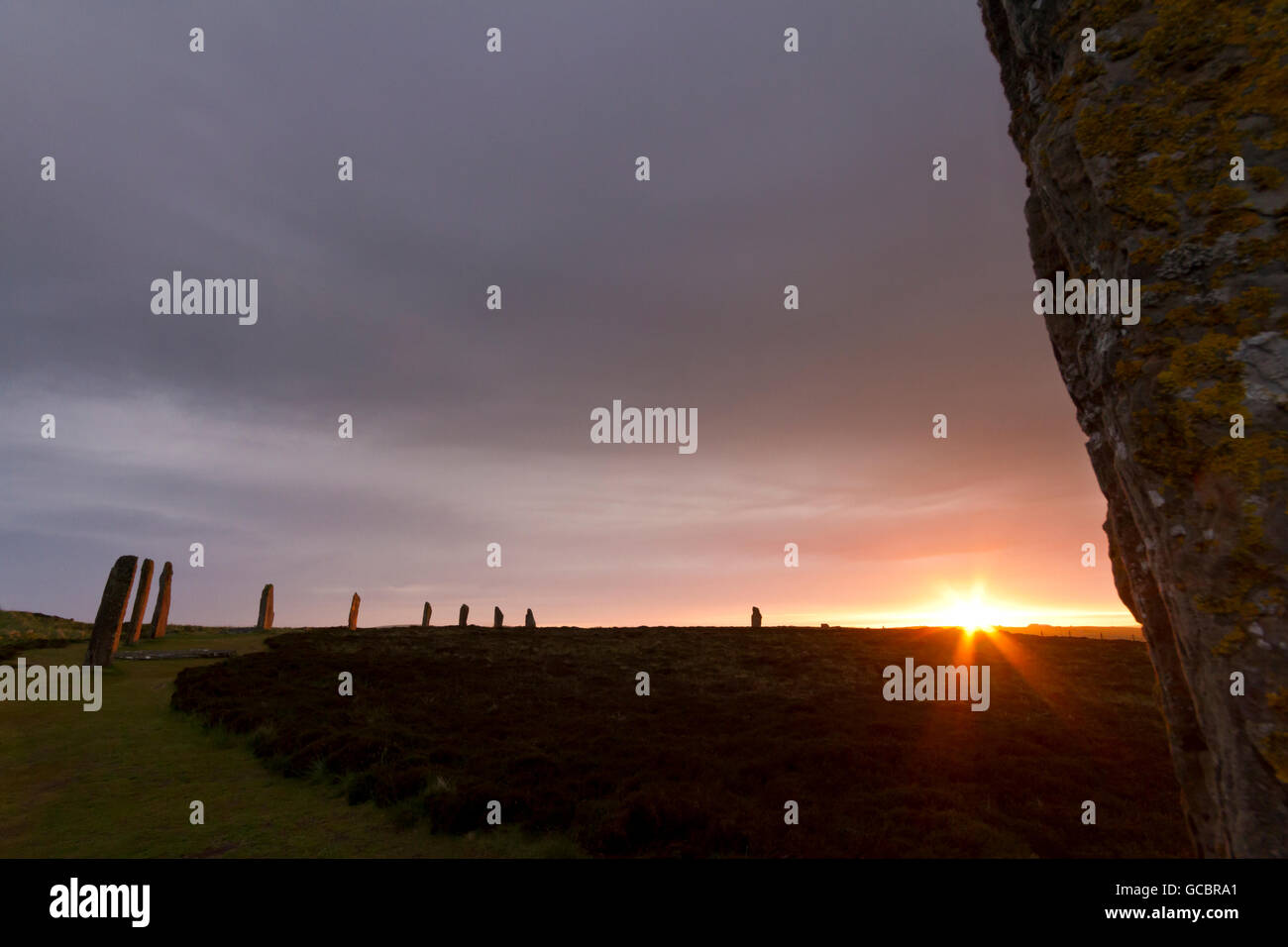 Ring of Brodgar summer solstice sunset Stock Photo