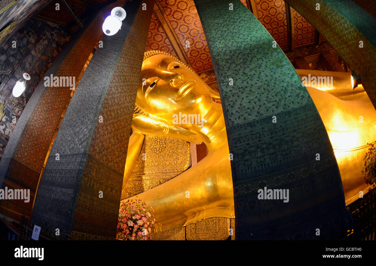 the reclining buddha in the temple of Wat Pho in the city of Bangkok in ...
