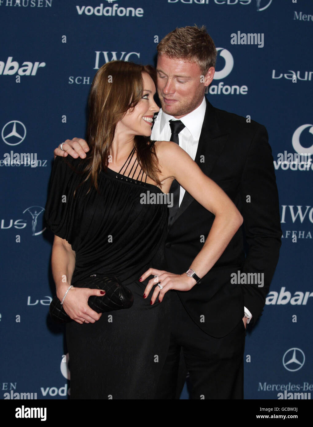 Andrew Flintoff and his wife Rachael arriving at the Laureus World Sports Awards, held at the Emirates Palace Hotel in Abu Dhabi. Stock Photo