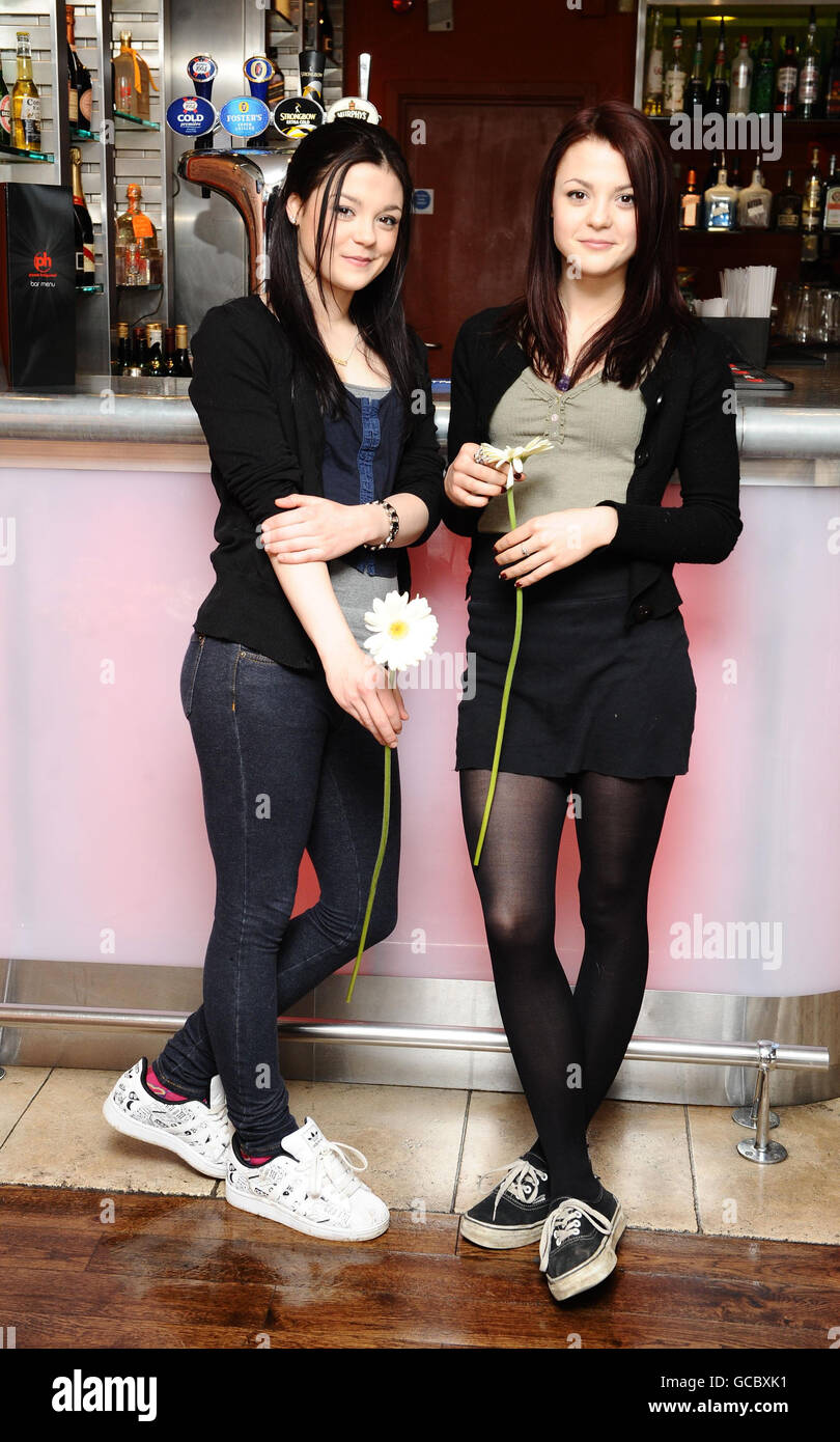 Acting identical twins Megan and Kathryn Prescott arrive at the Planet Hollywood Mothers' Day Brunch in London. Stock Photo