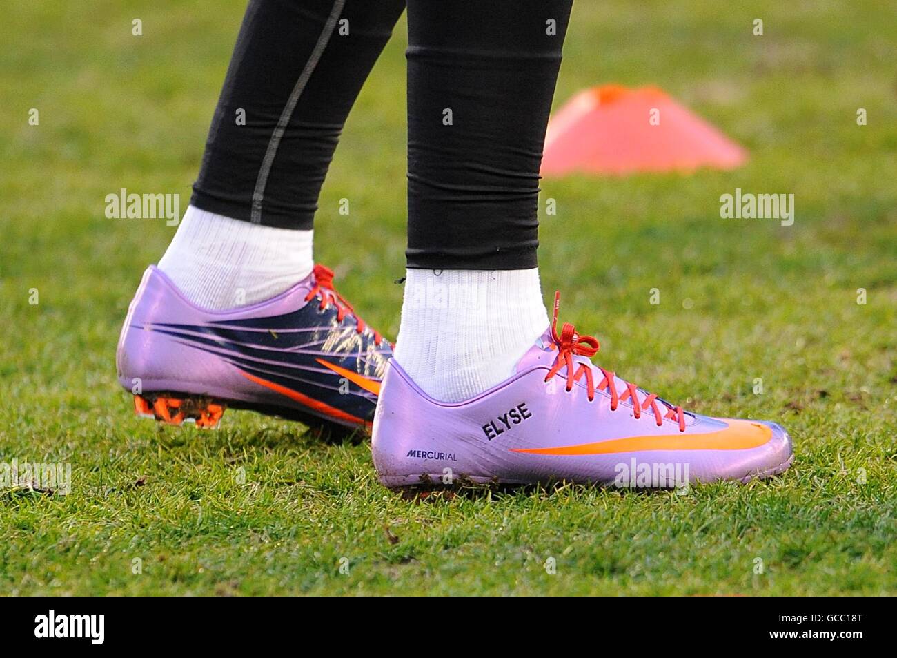 General view of the lilac football boots belonging to Fulham s Clinton Dempsey. Written on them is the name of his one year old daughter Elyse Stock Photo Alamy