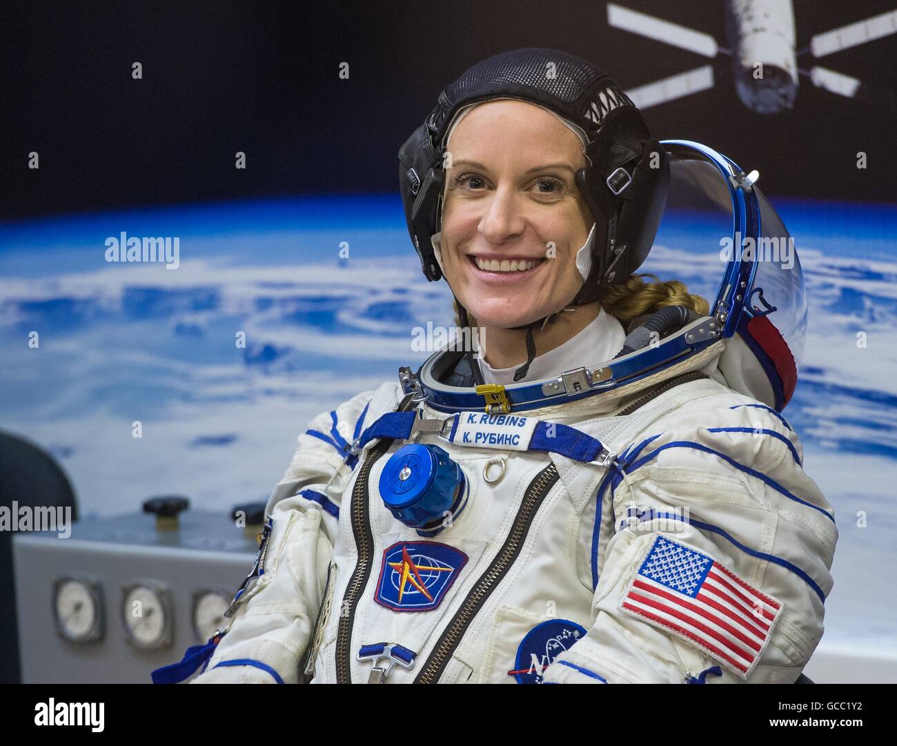 International Space Station Expedition 48 American astronaut Kate Rubins is suited up in her Russian Sokol launch and entry suit in preparation for launch July 7, 2016 at the Baikonur Cosmodrome in Kazakhstan. Rubens joins crew members Russian cosmonaut Anatoly Ivanishin and Japanese astronaut Takuya Onishi on four-month mission. Stock Photo
