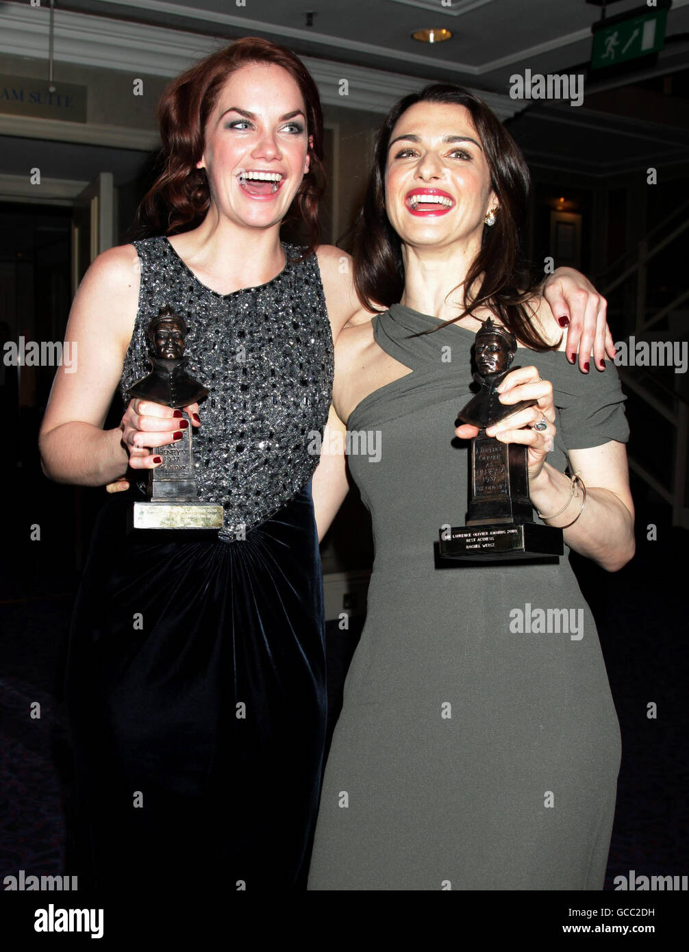 Rachel Weisz (right) with her Best Actress Award, for A Streetcar Named Desire, and Ruth Wilson with her Best Actress in a Supporting Role Award - for the same play, during the Laurence Olivier Awards at the Grosvenor House Hotel in central London. Stock Photo