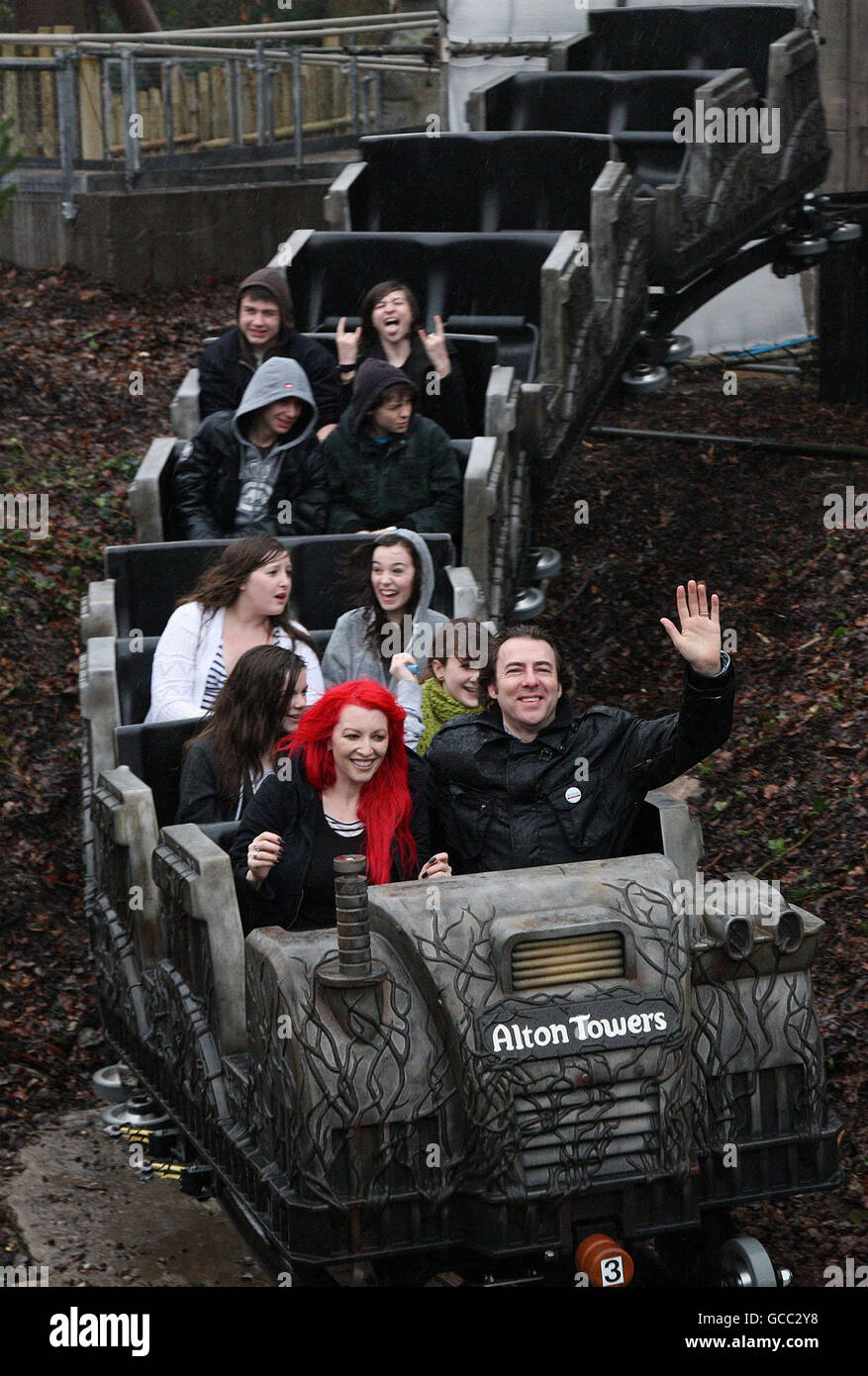 Jonathan Ross and wife Jane Goldman ride the world's first free fall drop rollercoaster, Th13teen, which opened to the public on Saturday March 20, at Alton Towers, Staffordshire. Stock Photo
