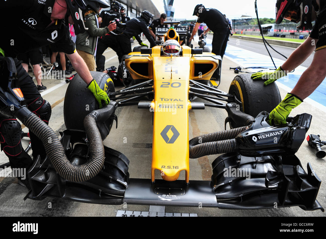Silverstone, Northants, UK. 8th July, 2016. 8th July 2016. British Formula 1 Grand Prix, Silverstone, UK. Kevin Magnussen (DNK) Renault F1 driver in the pit lane during the second practise session. Credit:  Kevin Bennett/Alamy Live News Stock Photo