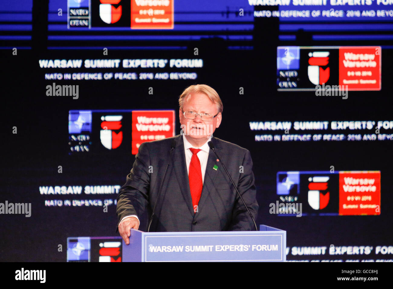 Warsaw, Poland. 8th July, 2016. Warsaw, Poland. 08th July, 2016. A statements of Minister of Defence of Sweden Peter Sultqvist in Nationan Stadium in Warsaw Poland during the NATO summit on th 8th of July 2016. © Dominika Zarzycka/Alamy Live News Credit:  Dominika Zarzycka/Alamy Live News Stock Photo