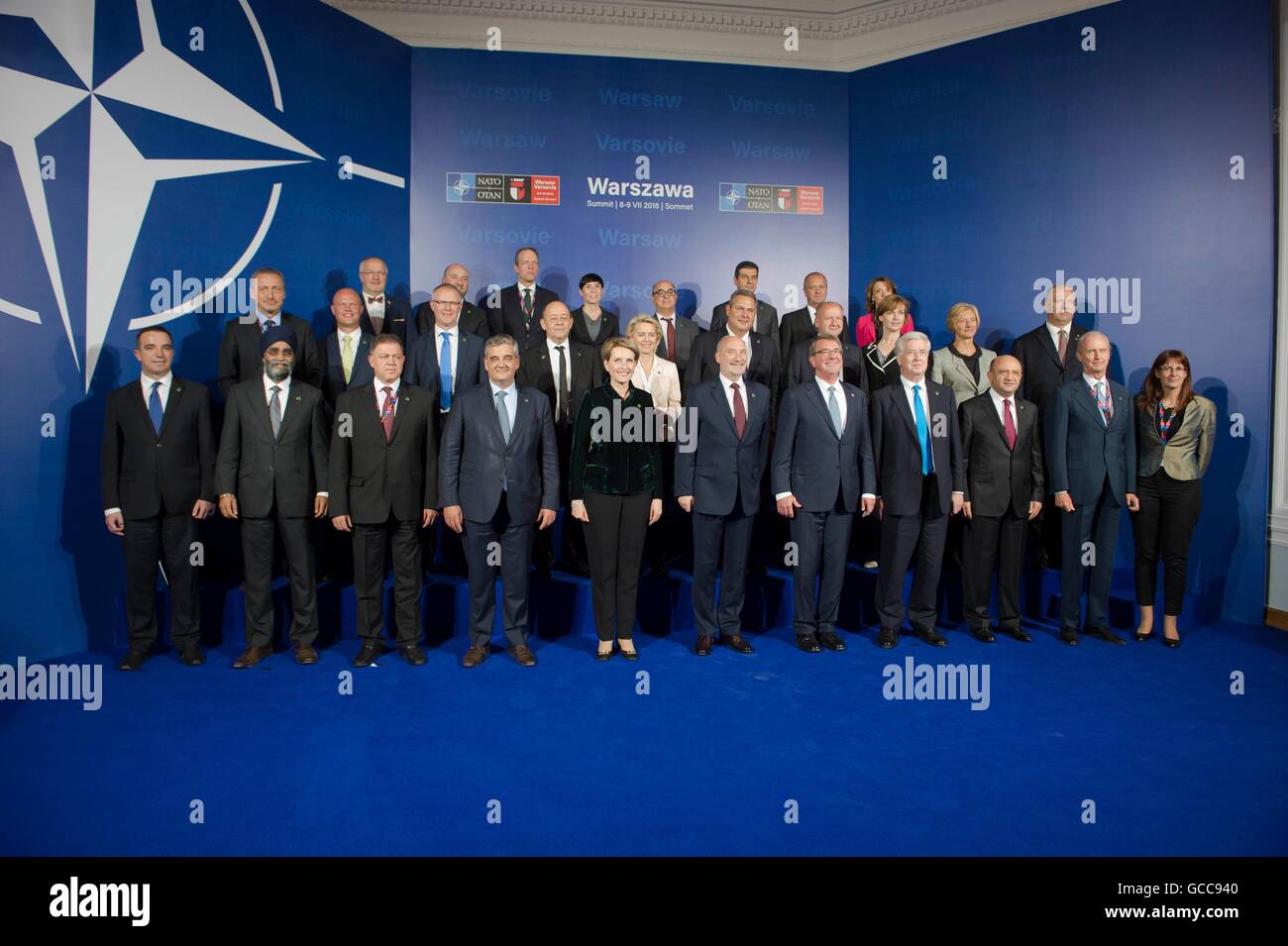 U.S Secretary of Defense Ash Carter poses for a family photo with NATO ministers of defense during the NATO Summit meeting July 8, 2016 in Warsaw, Poland. Stock Photo