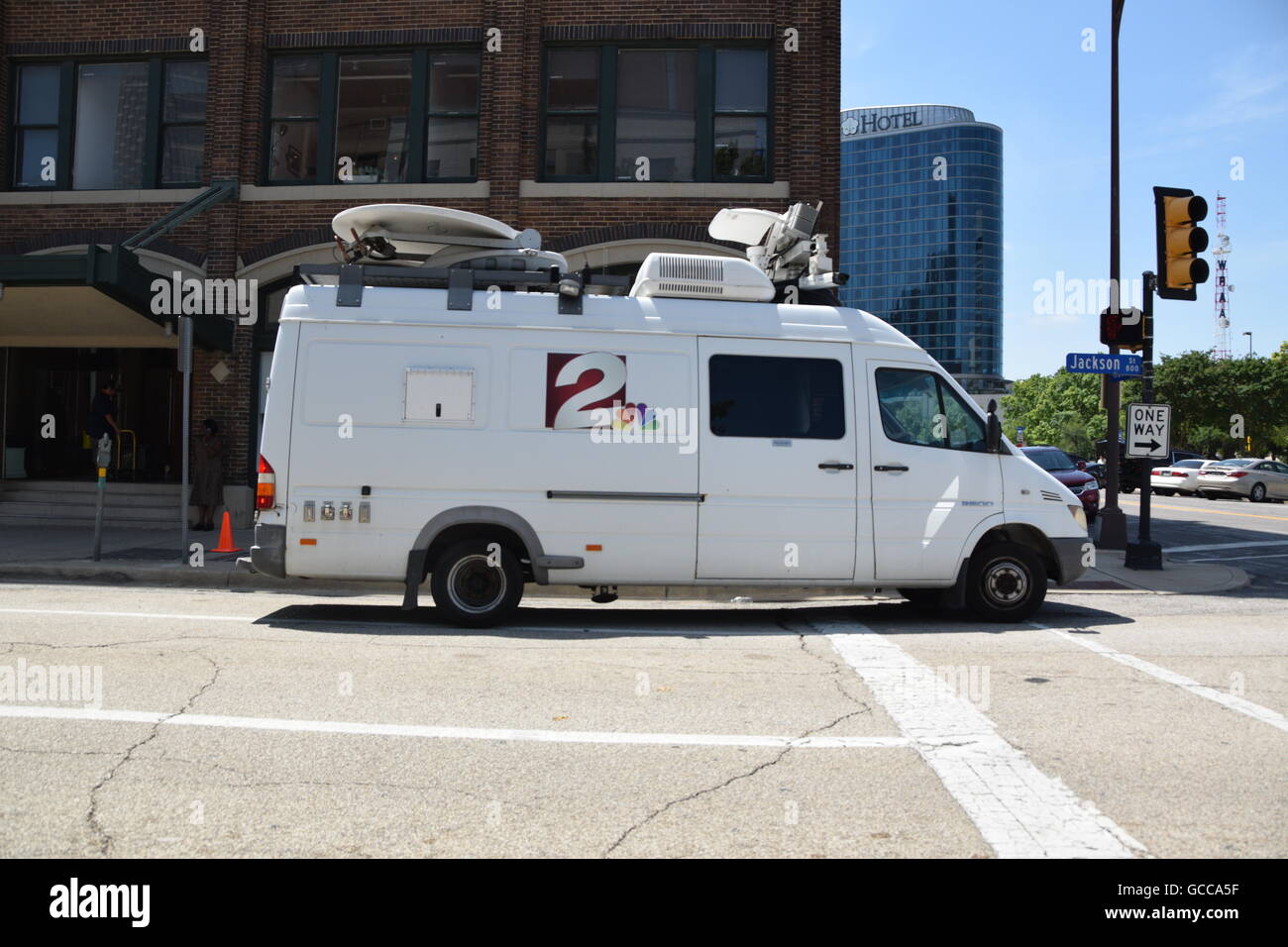 Dallas, Texas, USA. 8th July, 2016. Out of town news trucks and vans can be seen all around downtown Dallas the day after five police officers were shot down by a sniper. Credit:  Hum Images/Alamy Live News Stock Photo