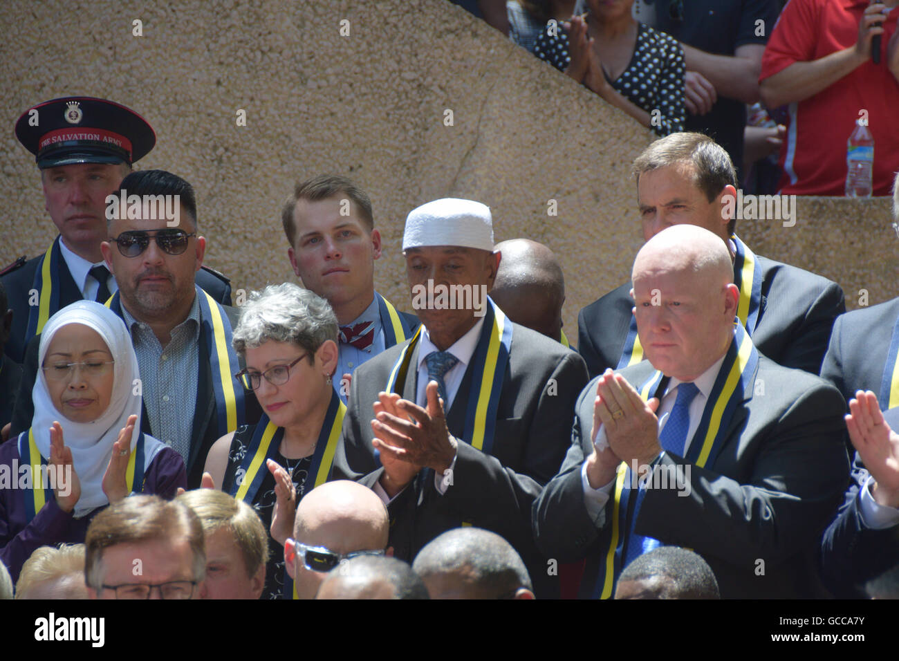Dallas, Texas, USA. 8th July, 2016. Religious leaders of all faiths participated in a midday prayer service in downtown Dallas Texas in honor of five fallen police officers . Credit:  Hum Images/Alamy Live News Stock Photo