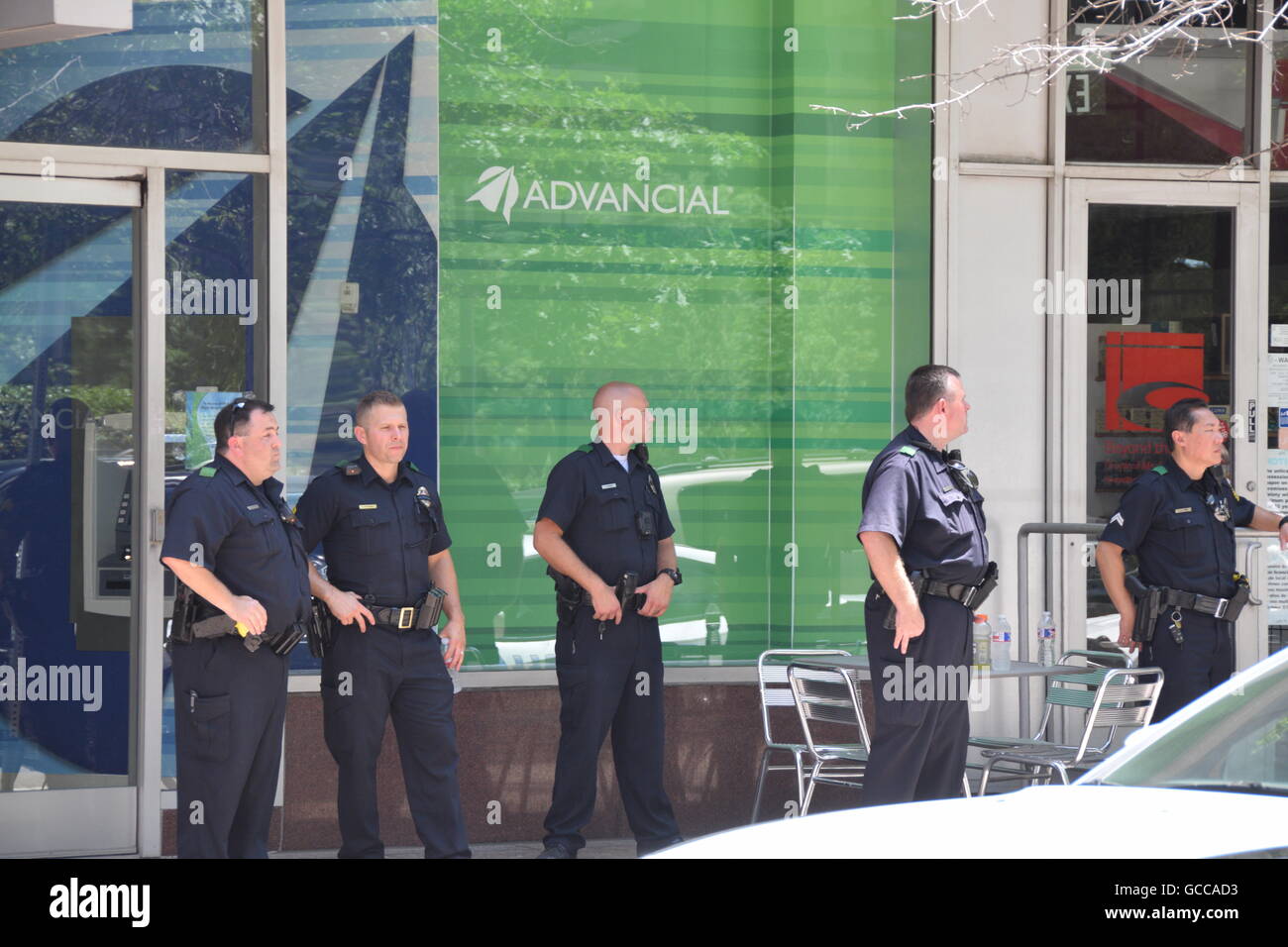 Dallas, Texas, USA. 8th July, 2016. Police officers in downtown Dallas, TX outside a midday prayer service at Thanksgiving Square. Credit:  Hum Images/Alamy Live News Stock Photo