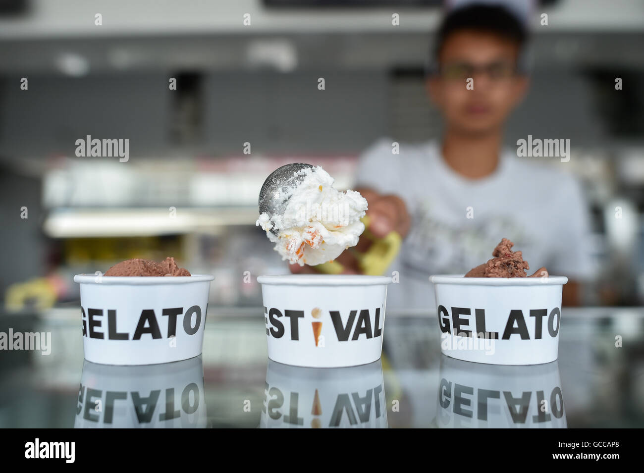 Berlin, Germany. 8th July, 2016. Dietmar of the ice cream confectionery