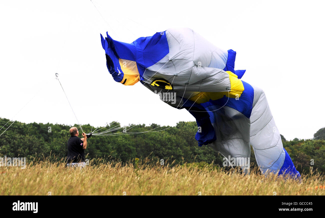 Brighton, UK. 9th July, 2016. Guy Reynolds launches his giant Batman kite in blustery but perfect weather conditions for flying at the annual Brighton Kite Festival held in Stanmer Park on the outskirts of the city over the weekend Credit:  Simon Dack/Alamy Live News Stock Photo