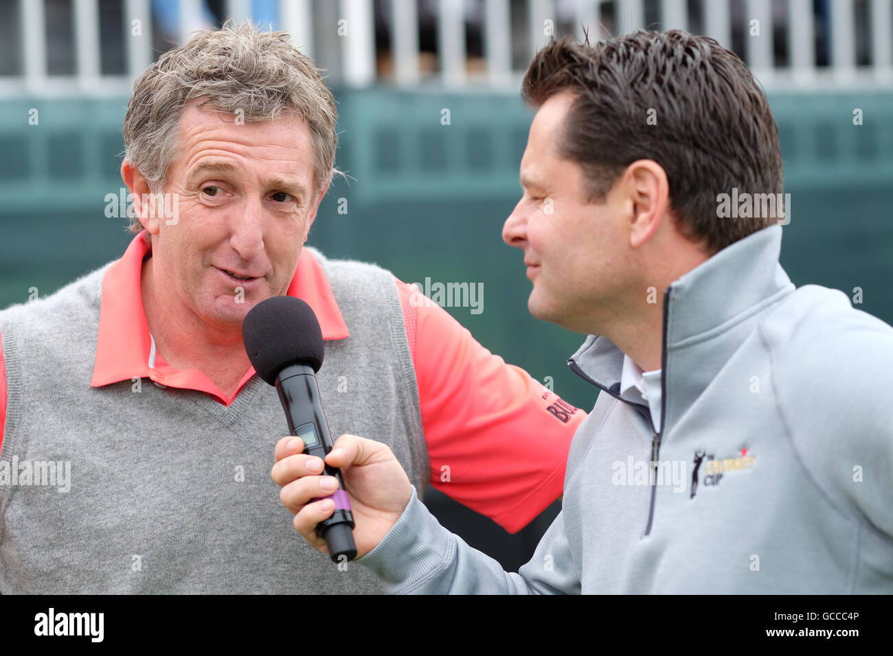 Celtic Manor, Newport, Wales - Saturday 9th July 2016 - The Celebrity Cup golf competition former international rugby player Jonathan Davies talks to host Chris Hollins Stock Photo