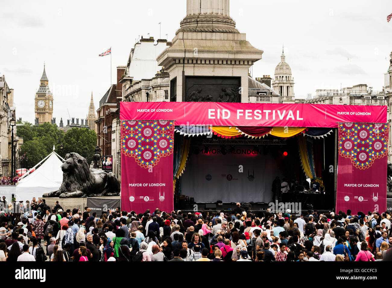 London, UK. 9th July, 2016. Large crowds gathered in Trafalgar Square to celebrate the Muslim festival of  EID, hosted by the Mayor of London's office. Credit:  claire doherty/Alamy Live News Stock Photo