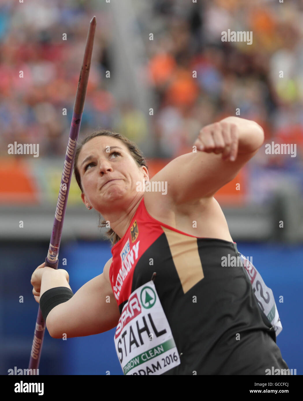 Amsterdam, The Netherlands. 9th July, 2016. Germany's Linda Stahl competes in the women's Javelin Throw final at the European Athletics Championships at the Olympic Stadium in Amsterdam, The Netherlands, 09 July 2016. Photo: Michael Kappeler/dpa/Alamy Live News Stock Photo
