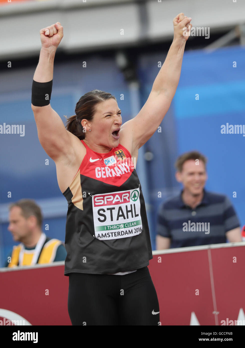Amsterdam, The Netherlands. 9th July, 2016. Germany's Linda Stahl celebrates after the women's Javelin Throw final at the European Athletics Championships at the Olympic Stadium in Amsterdam, The Netherlands, 09 July 2016. Stahl placed 2nd. Photo: Michael Kappeler/dpa/Alamy Live News Stock Photo