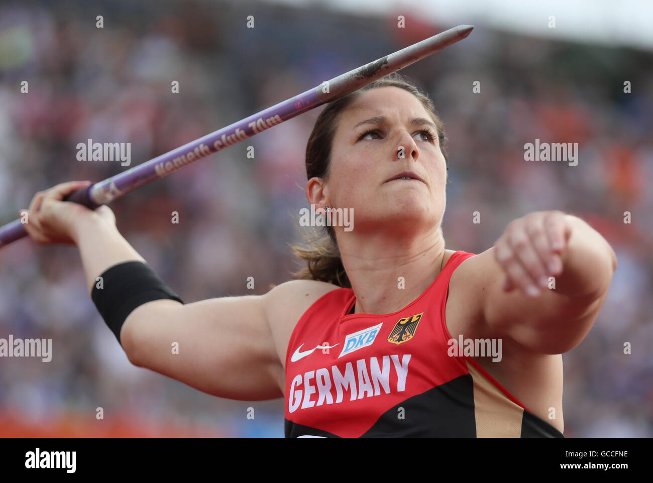 Amsterdam, The Netherlands. 9th July, 2016. Germany's Linda Stahl competes in the women's Javelin Throw final at the European Athletics Championships at the Olympic Stadium in Amsterdam, The Netherlands, 09 July 2016. Photo: Michael Kappeler/dpa/Alamy Live News Stock Photo