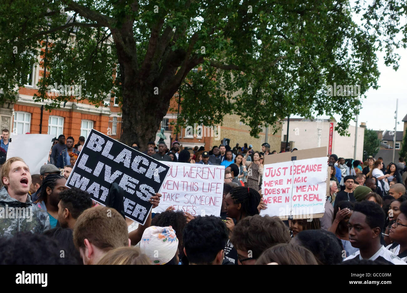 London, UK. 9th July, 2016. There was a large Black Lives Matter protest in Brixton this evening. Hundreds of demonstrators blocked the main road through the area and occupied the junction of Brixton Hill and Acre Lane. (C) Jeffrey Blackler/Alamy Live News Stock Photo