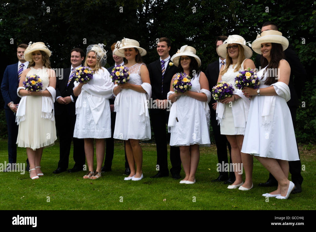 Dunmow Essex UK. Flitch trials.  This event goes back to Anglo Saxon times and is held every 4 years.  Married couples appear before a mock court  to show that they have never quarreled.  Successful couples are awarded a flitch of bacon.  The jury of 6 spinsters and 6 bachelors Stock Photo