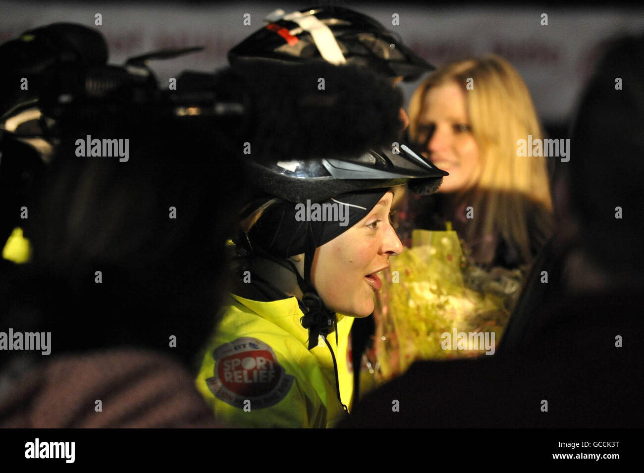 Ferne Cotton after crossing the finishing line, at Lands End, of the BT Sport Relief Million Pound Bike Ride, this evening. Stock Photo