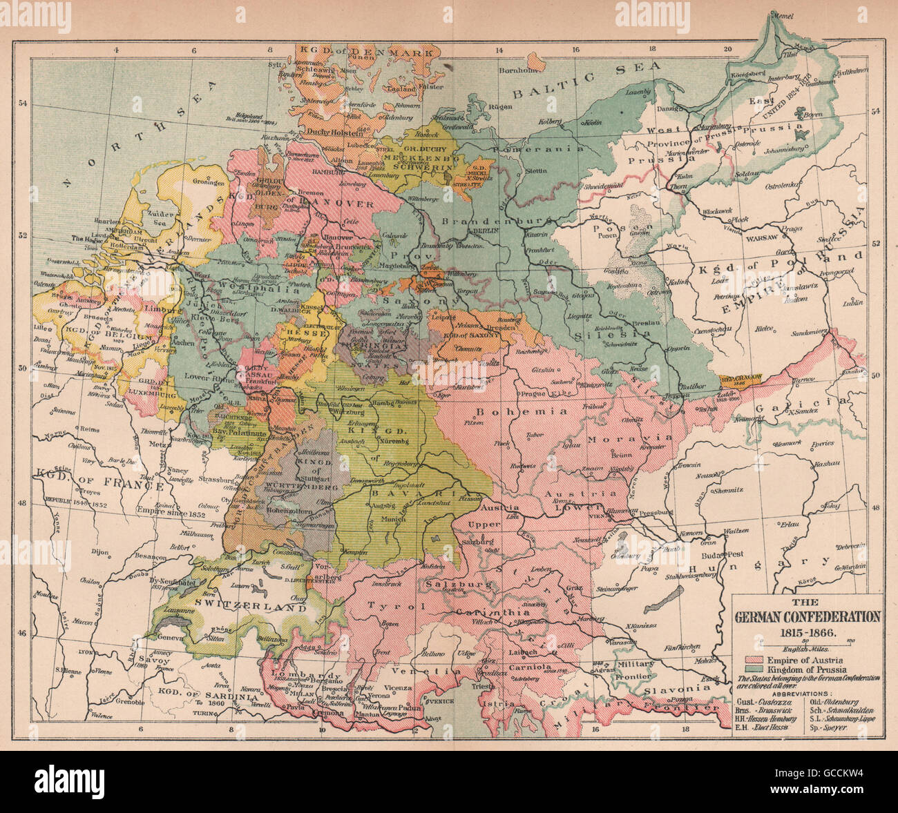 GERMAN CONFEDERATION 1815-1866. Empire of Austria. Kingdom of Prussia, 1910 map Stock Photo