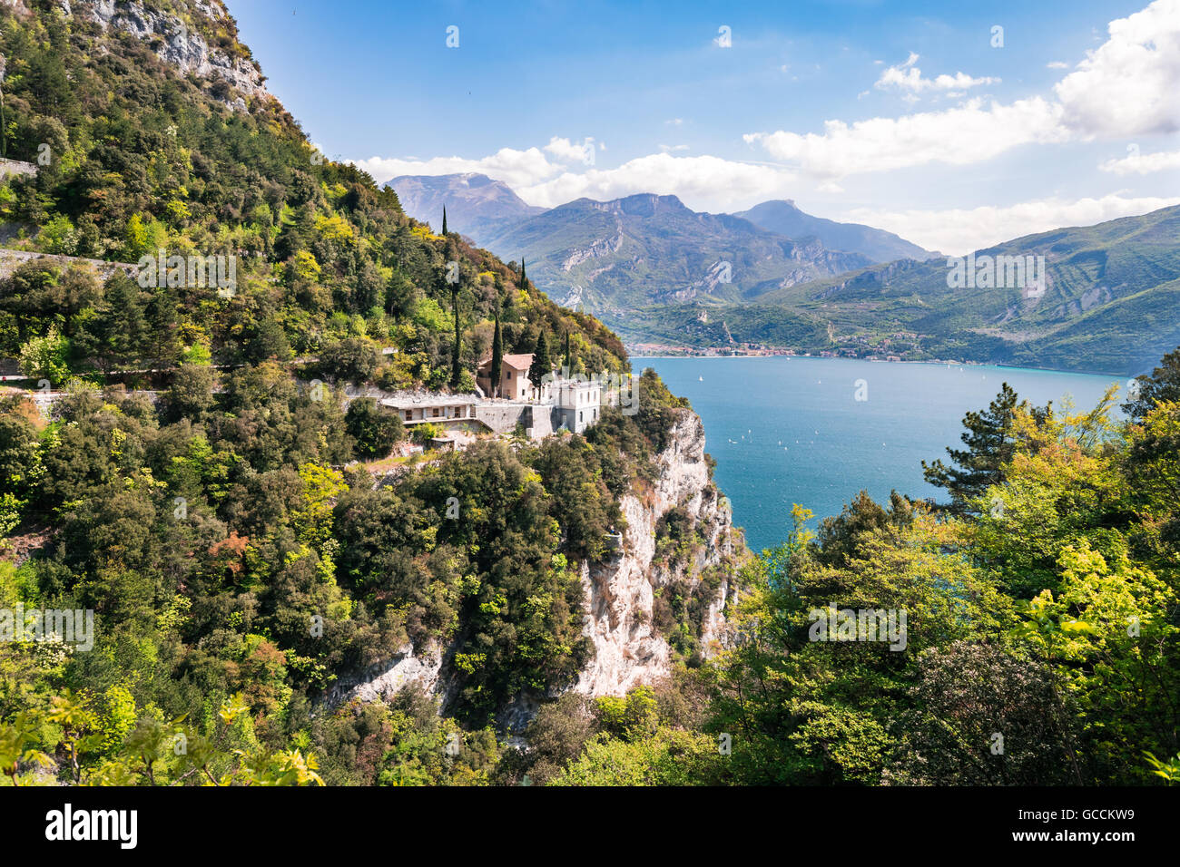 Panorama of the gorgeous Lake Garda surrounded by mountains in Riva del Garda, Italy. Stock Photo