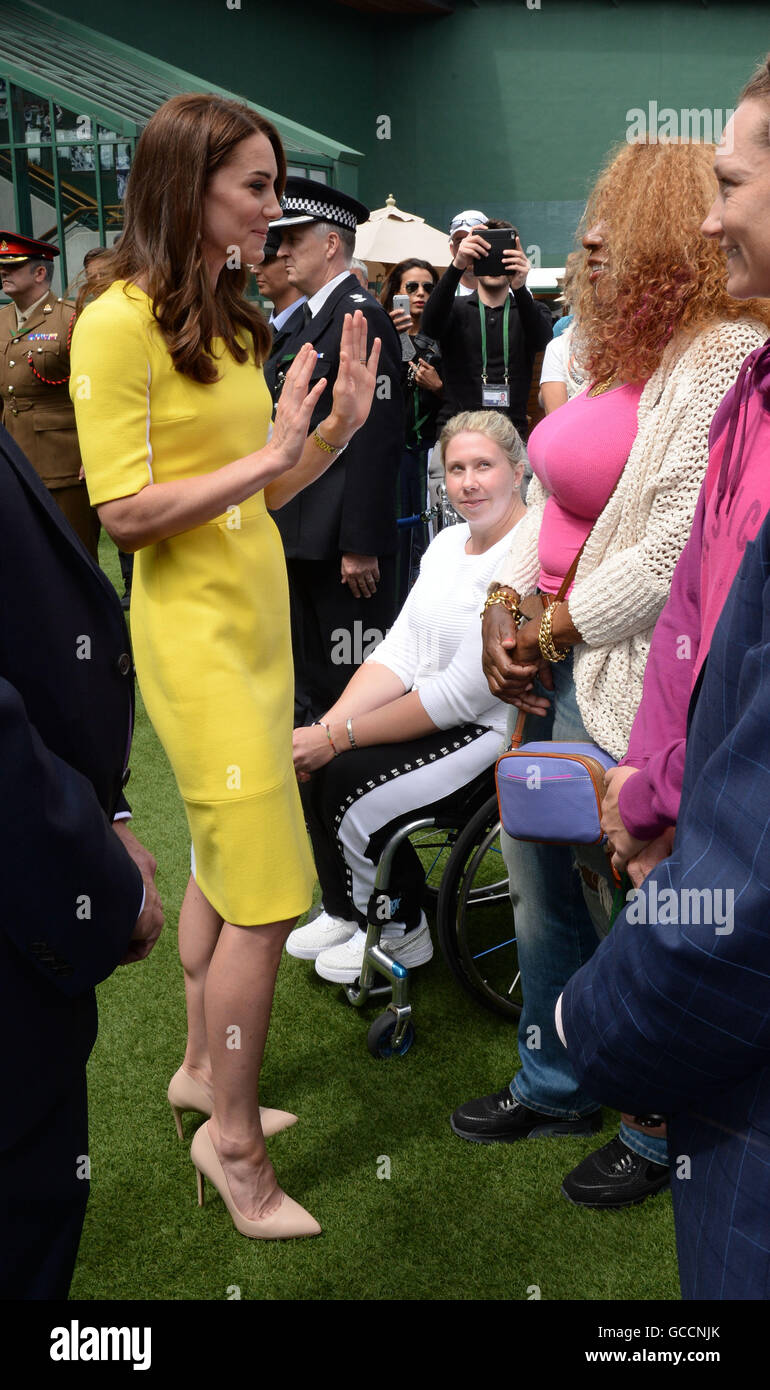 The Duchess of Cambridge meets Oracene Price, the mother of Venus and Serena Williams, during a visit to the Lawn Tennis Championships at the All England Lawn Tennis Club in Wimbledon, London. Stock Photo