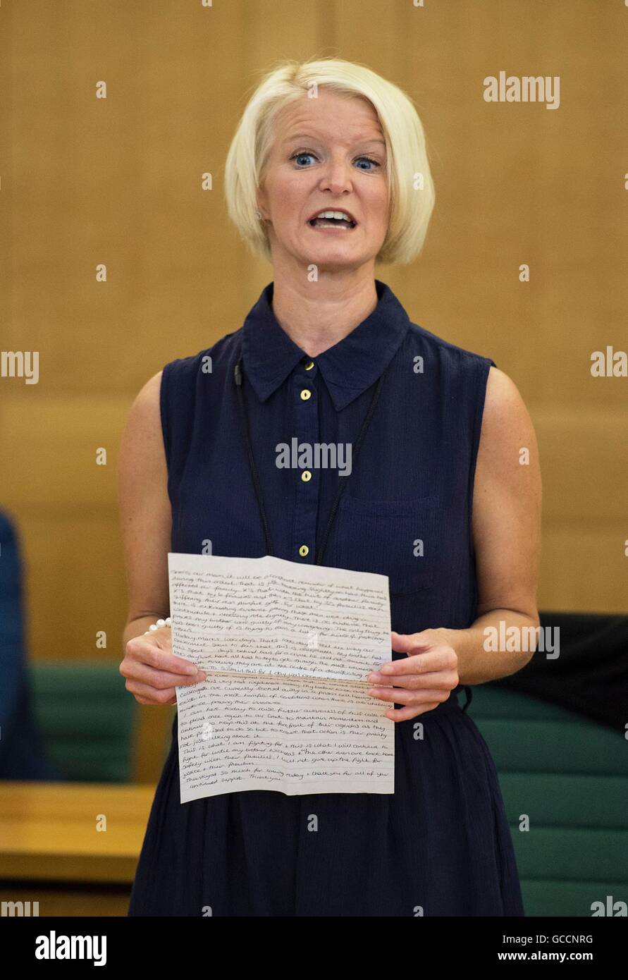 Lisa Dunn speaks in Portcullis house before presenting a 350,000 signature petition to Downing Street for the release of several British men who have been held in jail in India for firearms charges for the last 1000 days. Stock Photo