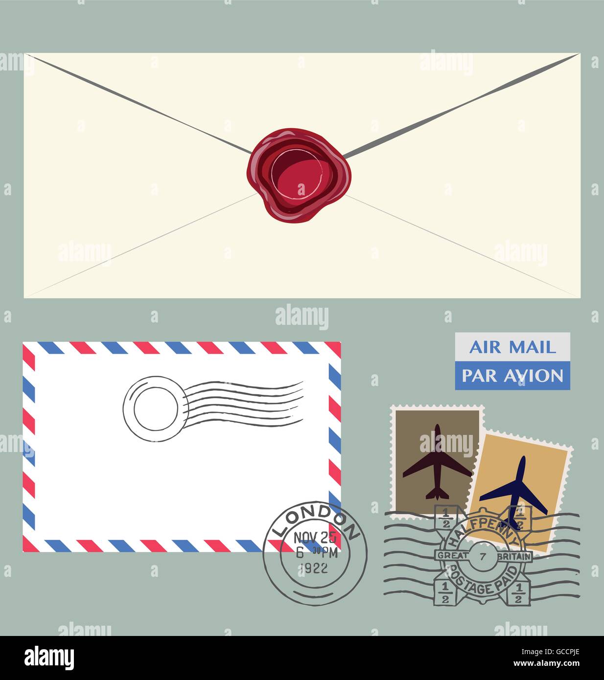 Set of postal stamps, envelope and postmarks, vector illustration Eps10 Stock Vector