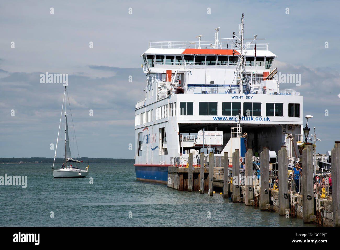 YARMOUTH HARBOUR ISLE OF WIGHT UK. A roll on roll off passenger and vehicle ferry from the mainland berthed in Yarmouth England Stock Photo