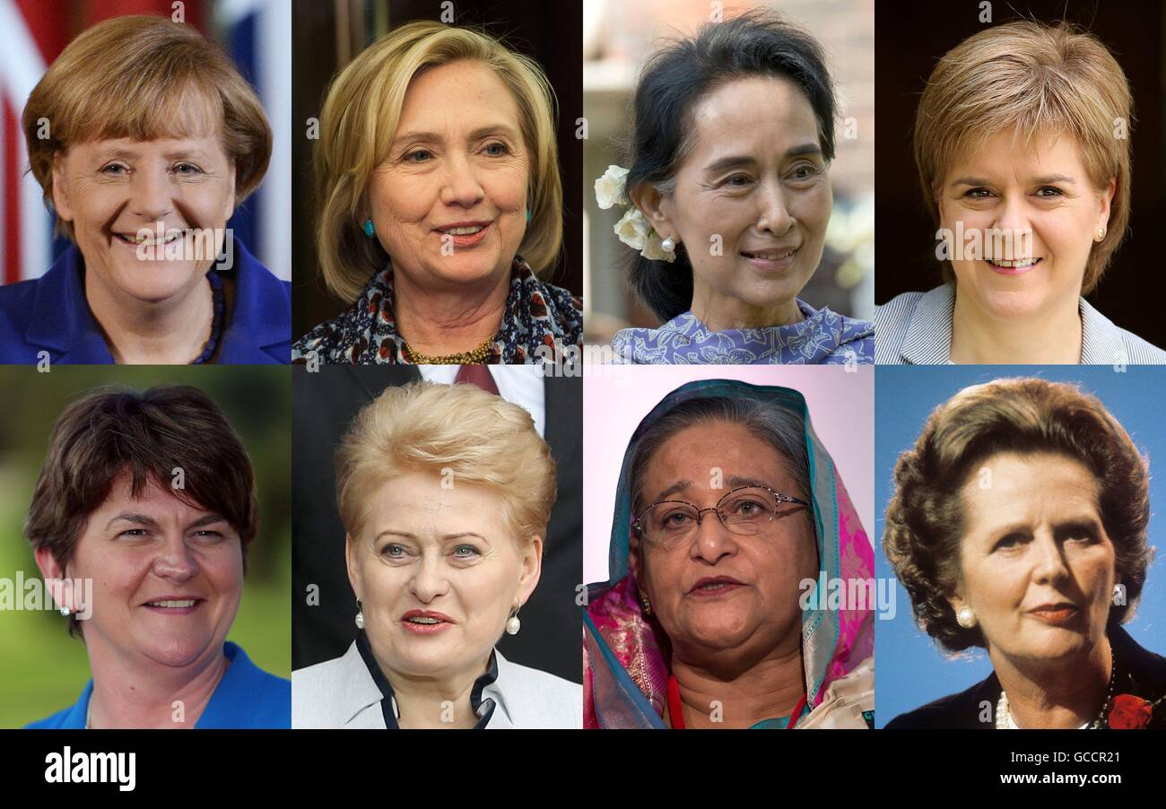 Composite photo of (top row left to right) German Chancellor Angela Merkel, Democrat frontrunner in the battle for US presidency Hillary Clinton, State Counsellor of Burma Aung San Suu Kyi, Scotland's First Minister Nicola Sturgeon, (bottom row left to right) First Minister in Northern Ireland Arlene Foster, Lithuanian President Dalia Grybauskaite, Prime Minister of the Government of the People's Republic of Bangladesh Sheikh Hasina and former Prime Minister Margaret Thatcher, who are some of the leading women around the world. Stock Photo
