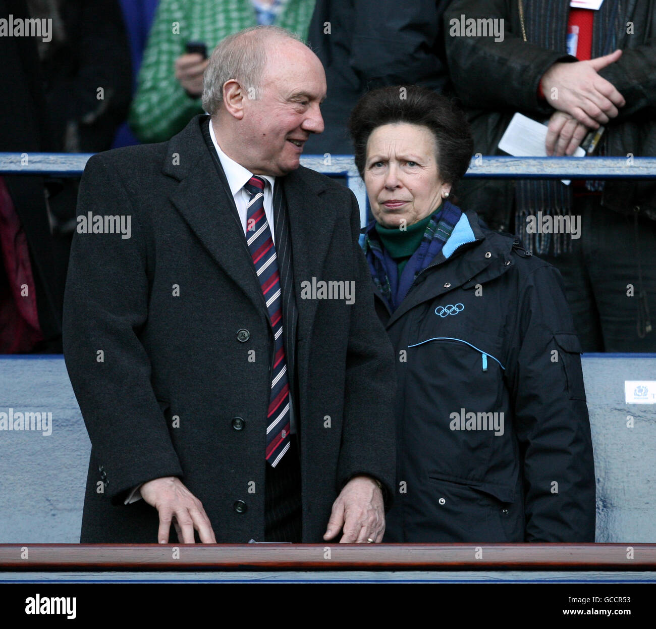 RFU President John Owen (left) and Her Royal Highness the Princess Royal, patron of the SRU, in the stands before kick off Stock Photo