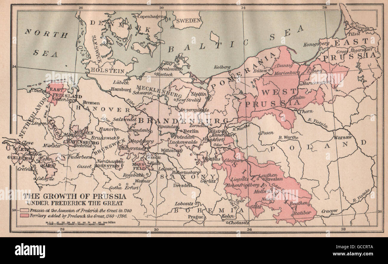 GROWTH OF PRUSSIA 1740-86. Territories added under Frederick the Great, 1917 map Stock Photo