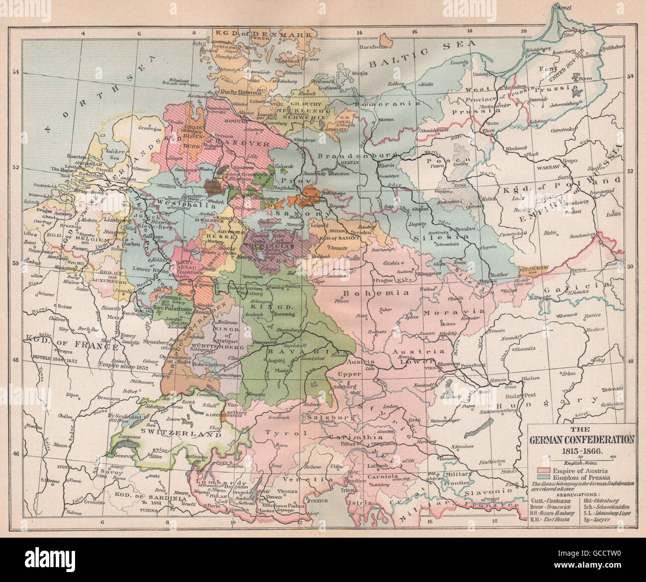 GERMAN CONFEDERATION 1815-1866. Empire of Austria. Kingdom of Prussia, 1917 map Stock Photo