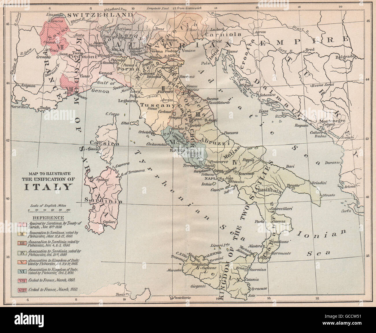 UNIFICATION OF ITALY. Acquisitions & annexations 1859-1870, 1917 vintage map Stock Photo