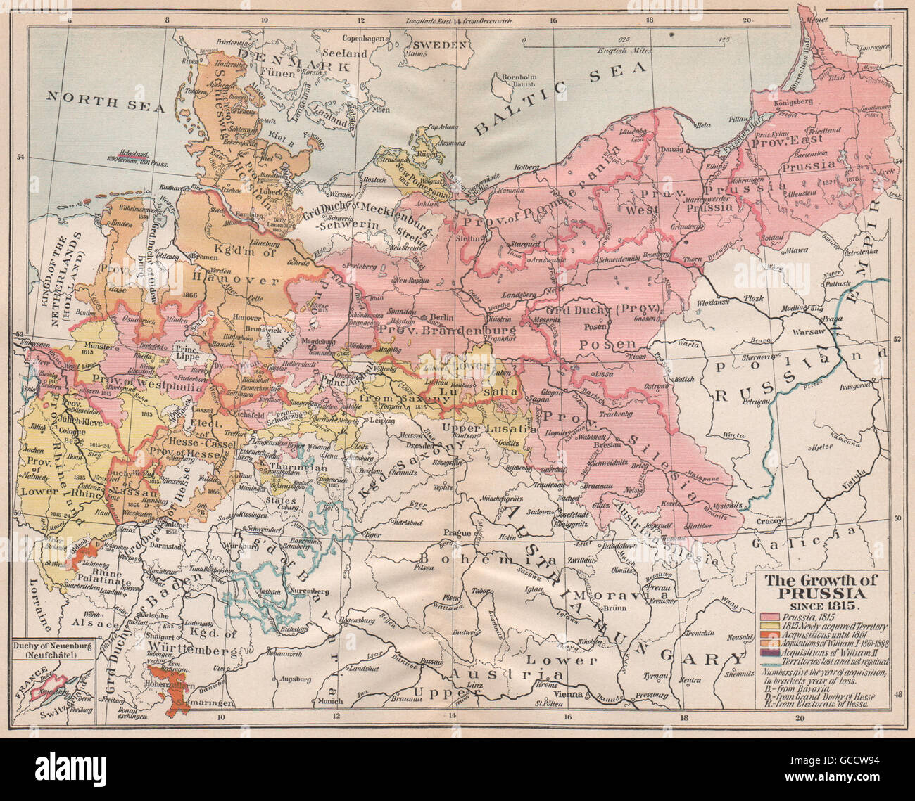 GROWTH OF PRUSSIA FROM 1815. Acquisitions William I II. Losses, 1917 old map Stock Photo