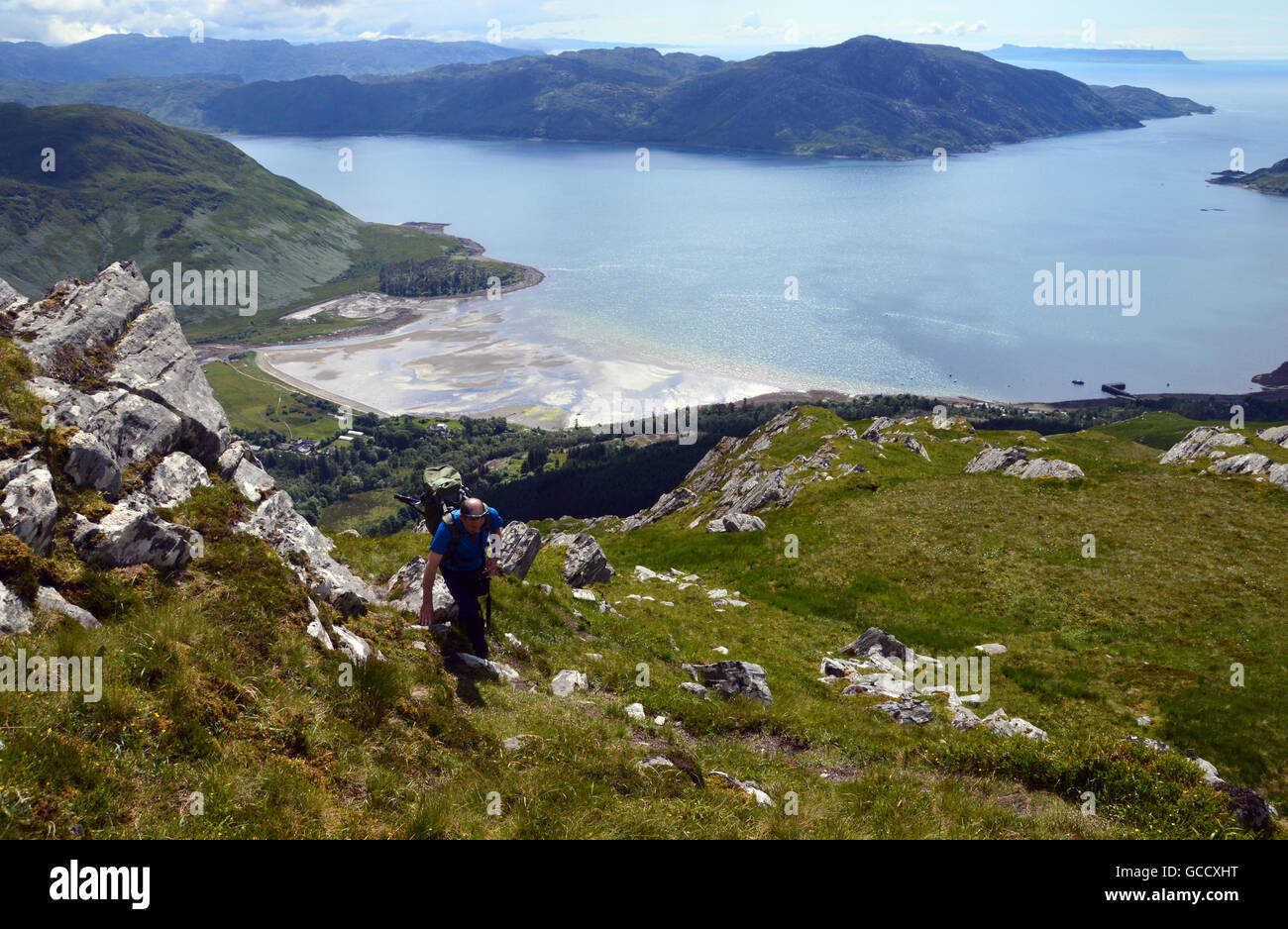 Climbing on the Scottish Mountain Corbett Sgurr Coire Choinnichean above Loch Nevis & Inverie Bay, Scottish Highland. UK Stock Photo