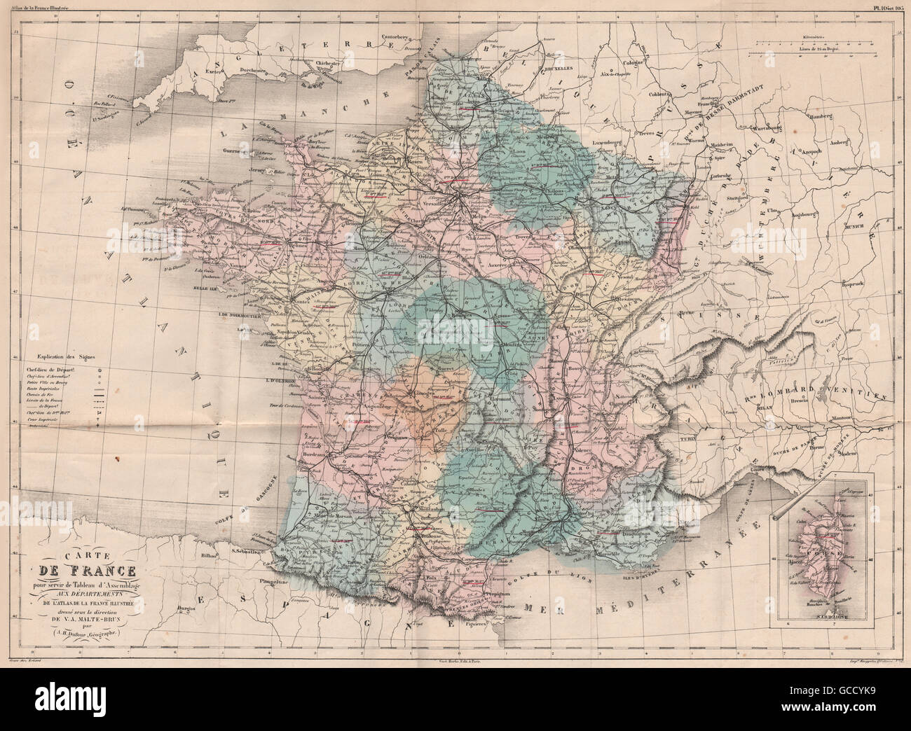 FRANCE. Carte de France. LARGE GRANDE. Regions departements.MALTE-BRUN, 1852 map Stock Photo