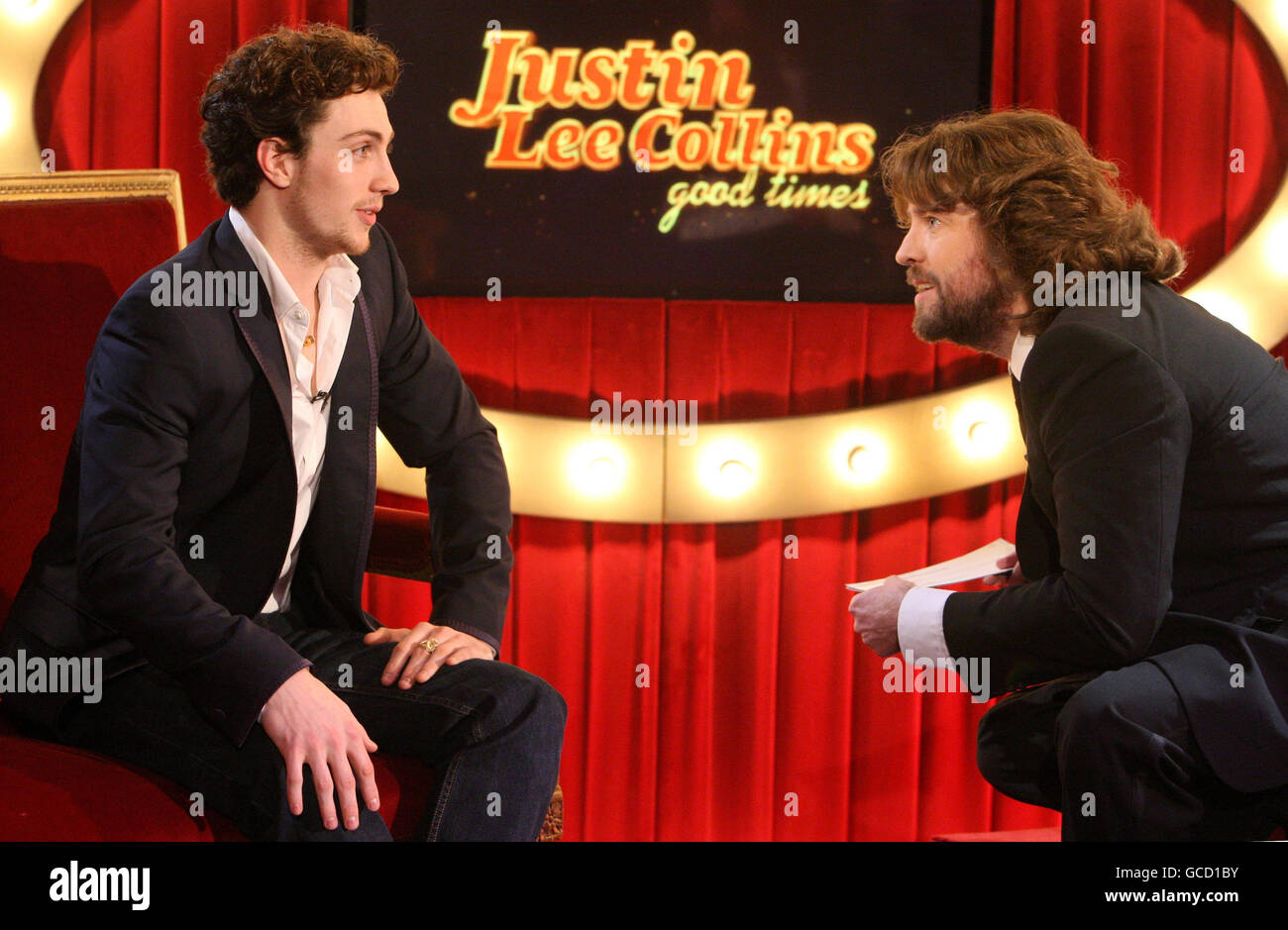 Justin Lee Collins (right) and actor Aaron Johnson during the recording of 'Justin Lee Collins: Good Times' at the Rivoli Ballroom, in Brockley, south east London. Stock Photo