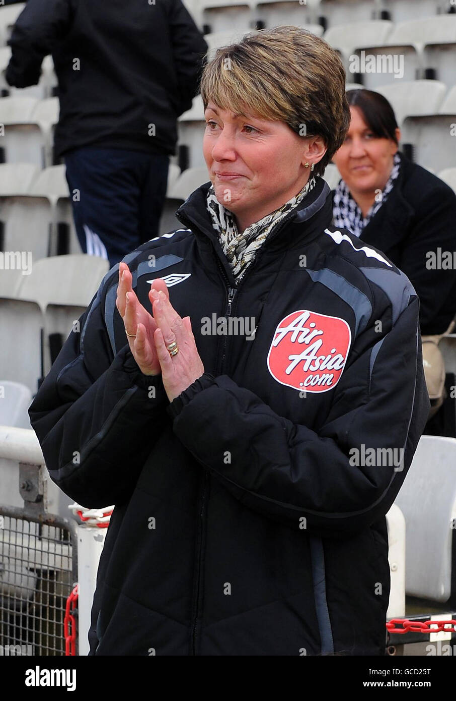 Michelle Halsey watches as her husband, referee Mark Halsey (not in picture) comes out for his first game in charge since overcoming throat cancer during the League Two match at Don Valley Stadium, Sheffield. Stock Photo