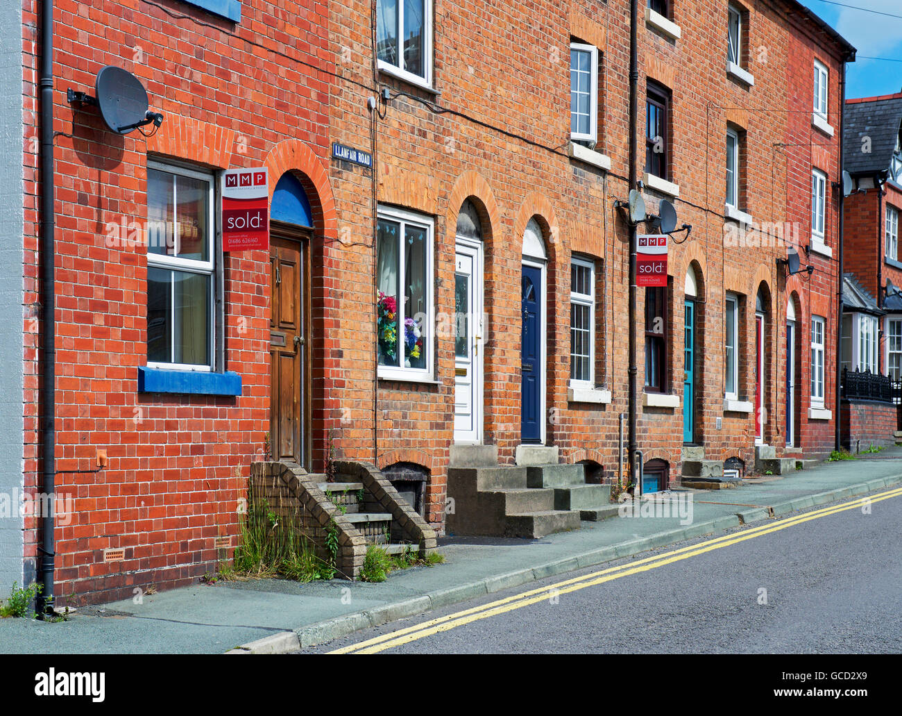 Street of terraced houses, Newtown, Powys, Wales UK Stock Photo