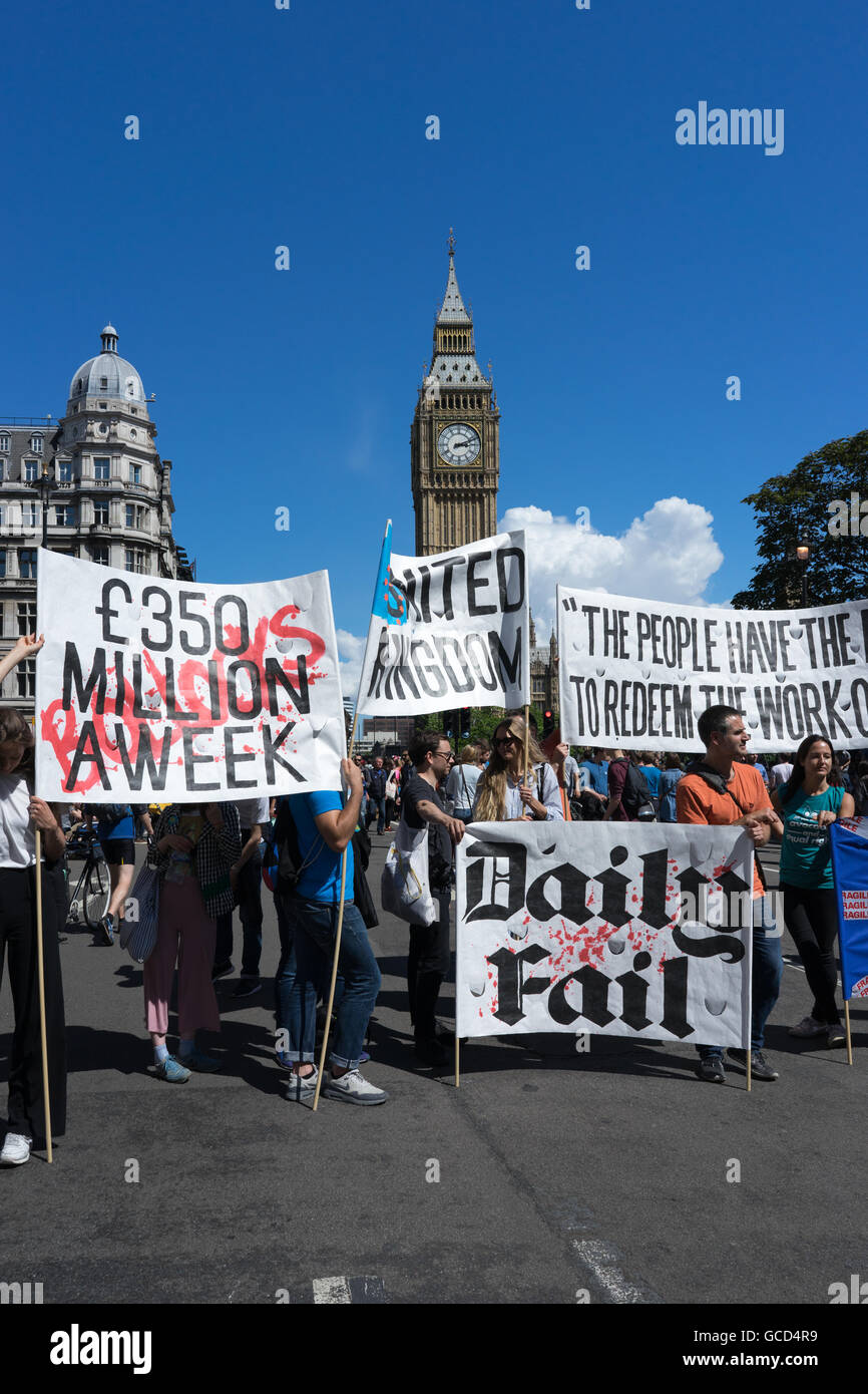 Anti- Brexit protestors wave banners against the UK Governments decision to leave European Union, crowds on street near parliament westminster. Stock Photo