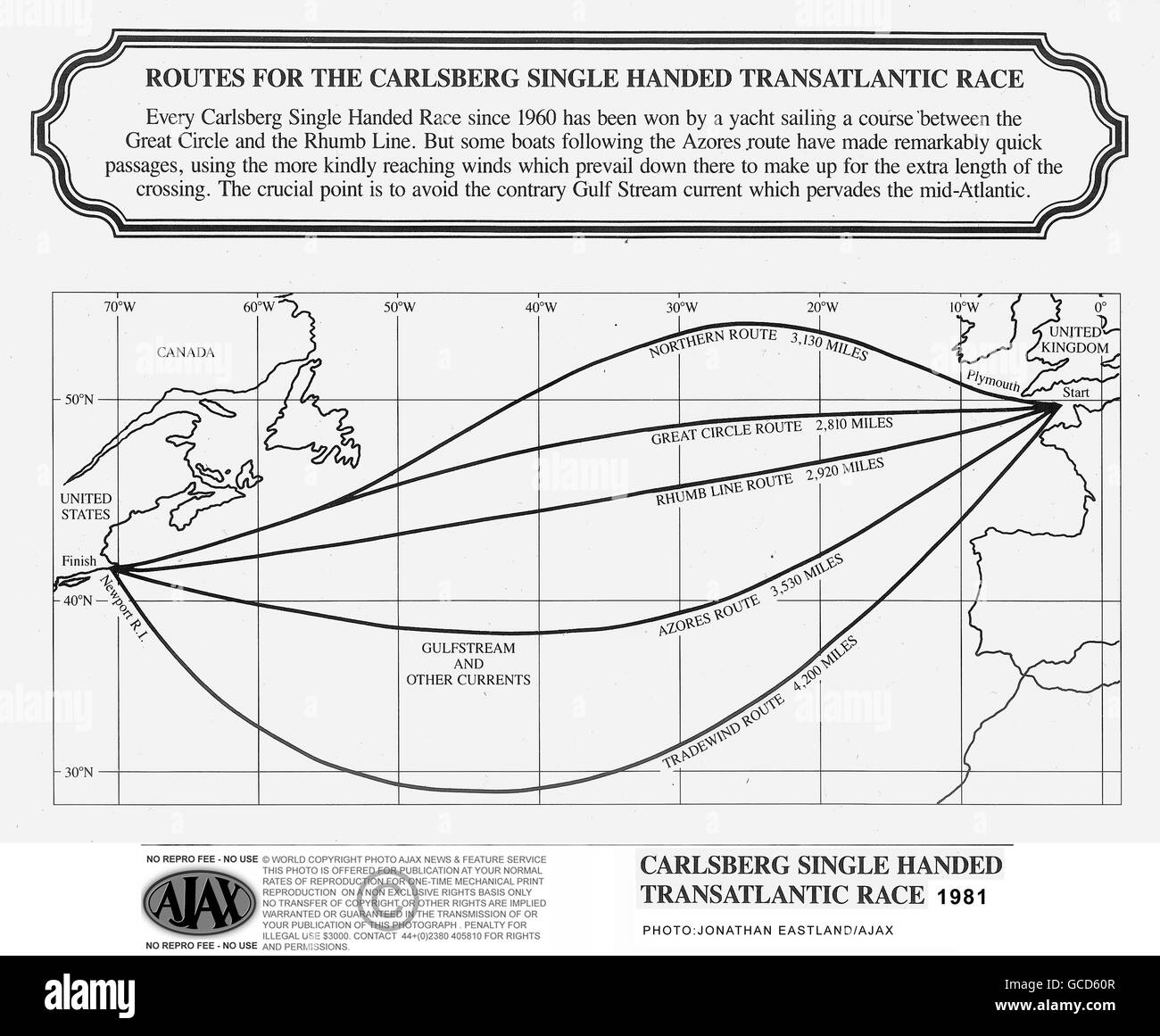 AJAX NEWS PHOTOS. 1981. PLYMOUTH, ENGLAND. - CARLSBERG TWO HANDED TRANSATLANTIC RACE - MAP OF PREVIOUS ROUTES OF RACING YACHTS FROM PLYMOUTH TO NEWPORT RHODE ISLAND ISSUED WITH RACE PROGRAMME. PHOTO:AJAX NEWS & FEATURE SERVICE REF:MAP 1981 Stock Photo