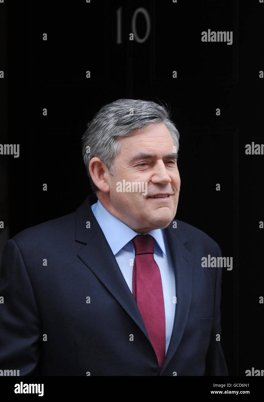 Prime Minister Gordon Brown leaves 10 Downing Street for the House of Commons for this week's PMQs. Stock Photo