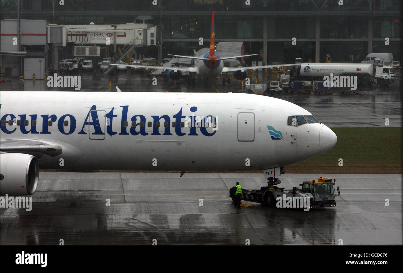 Planes from different airlines line up at Terminal 5 of Heathrow Airport in Middlesex, on the first day of the cabin crew strikes. Stock Photo