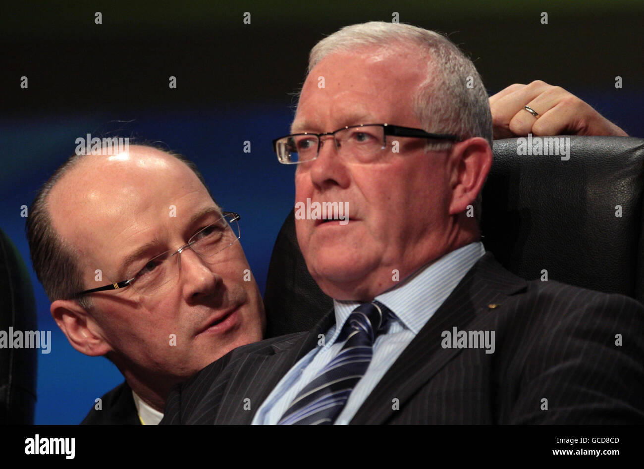 Cabinet Secretary for Finance and Sustainable Growth John Swinney, (left) talks to Party Chairman Bruce Crawford at the Scottish National party spring conference in Aviemore in the Highlands of Scotland. Stock Photo