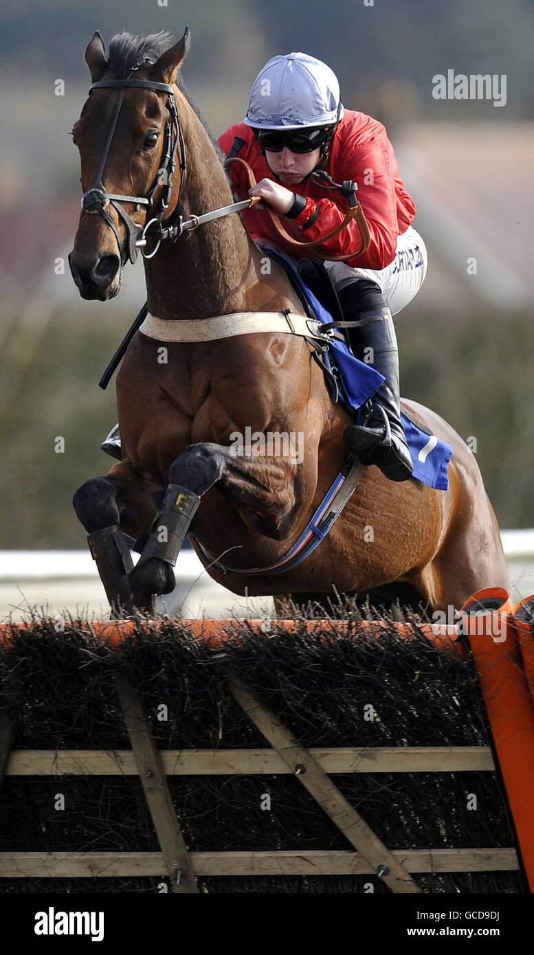 Perfect Reward, ridden by Jamie Moore jumps the last to win the Yeomans Honda CRV Selling Hurdle during the Family Race Day with TV's Sportacus at Fontwell Racecourse, West Sussex. Stock Photo