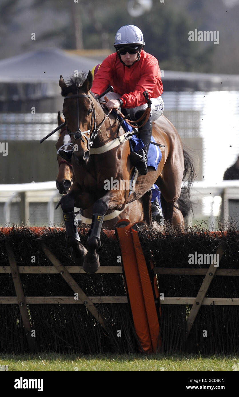 Horse Racing - Family Race Day with TV's Sportacus - Fontwell Racecourse. Perfect Reward ridden by Jamie Moore during the Yemoans Hona CRV Selling Hurdle Stock Photo